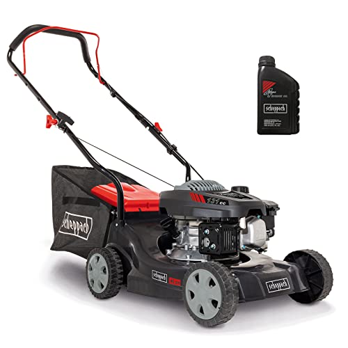 Scheppach Benzin Rasenmäher MP132-40 mit 40cm Schnittbreite | Leistung 3,3PS / 2,4kW | 3-fache Schnitthöhenverstellung | 35 L Fangkorb | geeignet bis 600 m² | große Laufräder | inkl. Motoröl