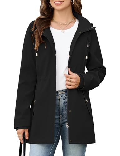 CMTOP Jacke Damen Leichte Atmungsaktiv Jacken Casual Übergangsjacke Wasserabweisend Winddicht Parka Jacket Zip Up Blouson Mantel mit Abzippbarer Kapuze für Frühling Sommer Herbst(Schwarz,XL)