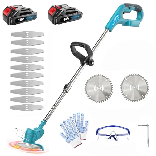 18V Akku Rasentrimmer, mit 2 x 3.0AH Akku und Ladegerät, 10x Metallklinge, 2X Kreissägeblätter,90° drehbarer,Verstellbarer Teleskop-Führungsholm und Zusatzhandgriff, für die Rasenpflege