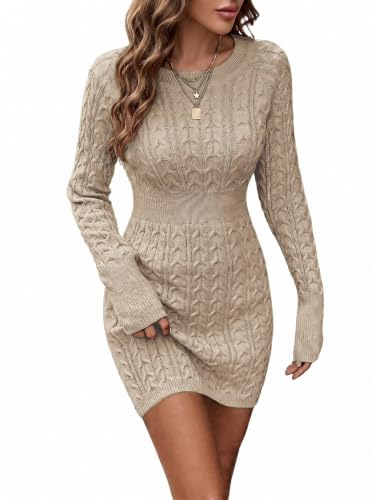 Saodimallsu Damen Langarm Pulloverkleid Zopf Strickkleid,Khaki,M