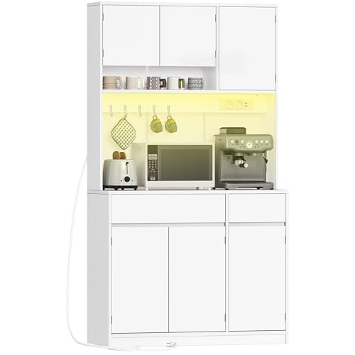 Hzuaneri küchenschrank, Sideboard, Kommode Küche mit Steckdosen und Led-Lichtleisten, mit Arbeitsplatten und 2 Schubladen, Verstellbare Einlegeböden, Küche, 40 x 100 x 180 cm, Weiß, PT00203XEU