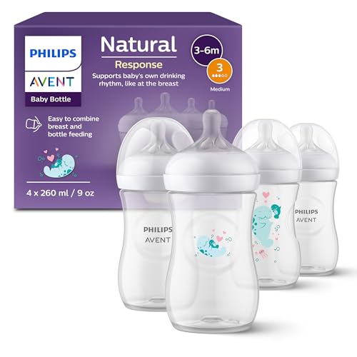 Philips AVENT Natural Response Geschenkset für Babys: 4 Natural Response Babyfläschchen (260 ml) mit T3 Saugern (ab 1 Monat), SCY903/61