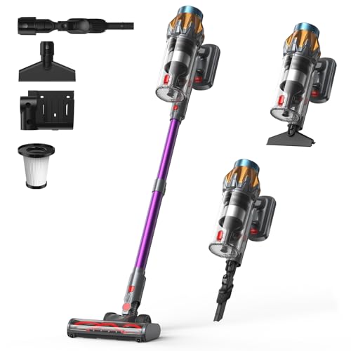 Lubluelu Akku Staubsauger Kabellos, 45kPa Saugkraft/50 Min Laufzeit, mit Selbststehend-Funktion&Anti-Tangle Bürste, inkl. Wandhalterung, Multifunktions-Staubsauger für Tierhaare/Teppich/Hartboden (P6)