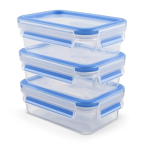 EMSA Clip & Close Frischhaltedosen-Set, rechteckig, 3 x 1 L, mit Deckel, Aufbewahrungsboxen, 100 Prozent dicht, spülmaschinen-, gefrier-, mikrowellenfest, Transparent, Blau, Made in Germany, N10313