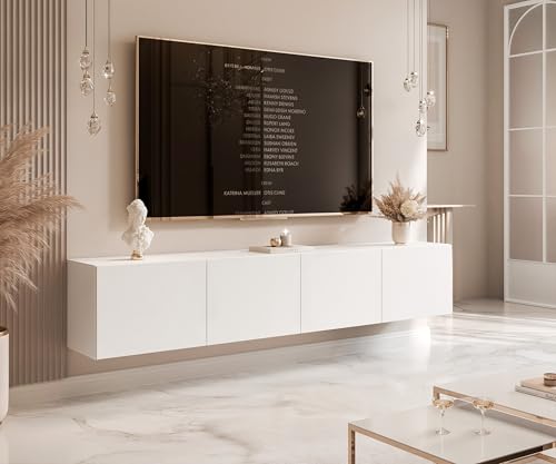 IDOHOME 200 cm TV Lowboard Weiß Matt 200cm mit 4 Praktischen Großen Fächern und LED Beleuchtung - TV Board Hängend Passend Für Stilvolle Wohnräume