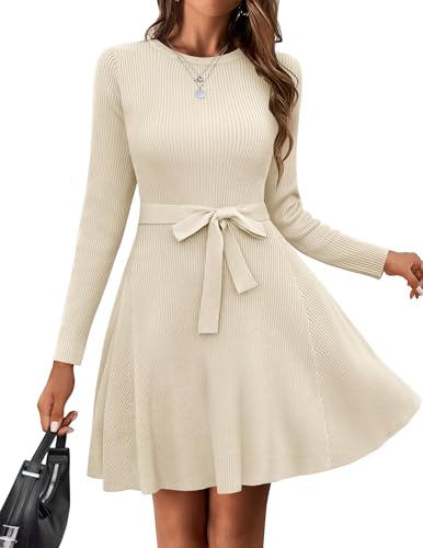 Strickkleid Damen Elegant Winterkleid Langarm Rundhals Midikleid Beige S