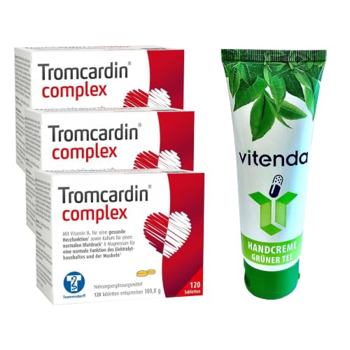 vitenda Set: Mikronährstoff-Tabletten für das Herz mit Tromcardin complex, Kalium Magnesium Coenzym Q10, 3x120Stk – inkl. vitenda Handcreme