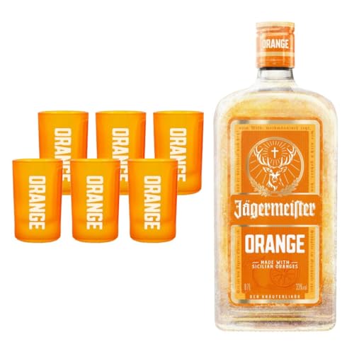 Jaegermeister ORANGE Shotgläser 6er Set + 1 Flasche Jaegermeister ORANGE 0,7L (33% Vol.) – Das perfekte Duo für fruchtige Genussmomente- [Enthält Sulfite]