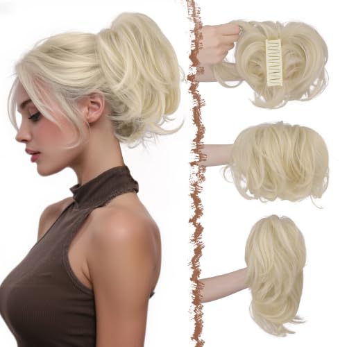 FESHFEN Kurz Pferdeschwanz Extension mit Klammer - Biegbarer Draht DIY Dutt Haarteil Ponytails Glatt Haardutt zum Selbermachen Synthetik Haarteile für Damen, Platinblond