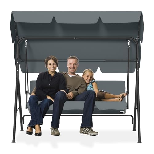 PEILU 176x110x152cm Hollywoodschaukeln mit Sonnendach & Sitzauflage & Stahl Rahmen, 3-Sitzer Garten Schaukelbank belast bis 200KG, Schaukelbank Gartenliege für Outdoor & Indoor (Anthrazit)