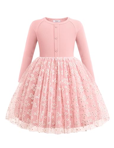 Arshiner Mädchen Tüllkleid Langarm mit Knopfleiste für 3-4 Jahre Blume Rosa