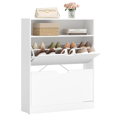VASAGLE Schuhschrank 2 Klappen, Schuhkipper, Schuhregal, Schuhaufbewahrung, offenes Fach, Trennwand verstellbar, für 11-16 Paar Schuhe, Flur, 24 x 80 x 102 cm, wolkenweiß LBC048W01