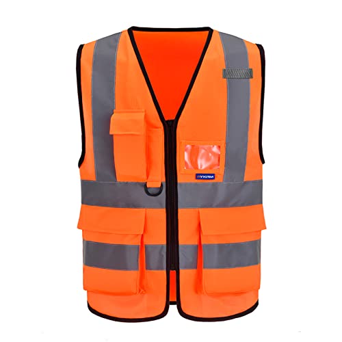 AYKRM Orange Reflektierendes WarnschutzWeste Warnweste mit Reflektorstreifen mit Reißverschluss und Taschen Arbeitsweste