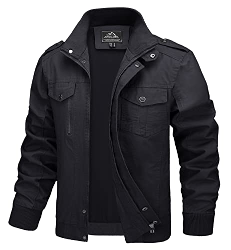 MAGCOMSEN Herren Winter Übergangsjacke Baumwolle Armee Feldjacke Herren Outdoor Winddicht Blouson Atmungsaktiv Bomber Jacken mit Taschen Schwarz M