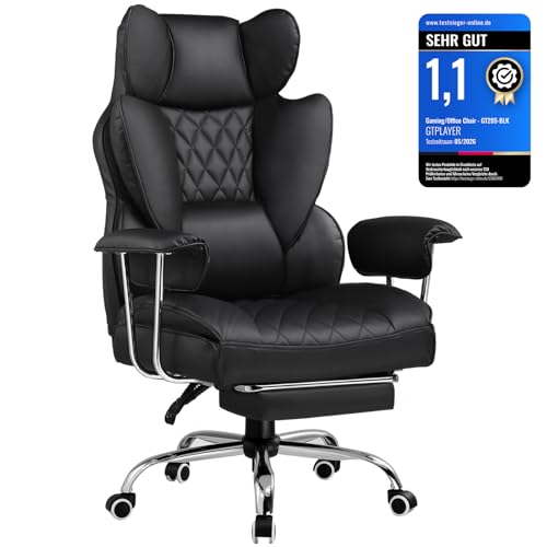 GTPLAYER Gaming Stuhl, Bürostuhl mit Taschenfeder-Lendenwirbelstütze, breiter Büro-Computersessel mit nach außen fixierten weichen Armlehnen und Fußstütze, 180KG, Leder Schwarz