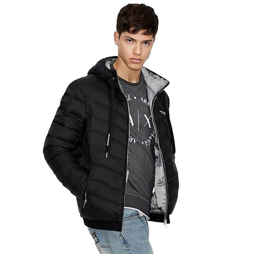 Armani Exchange A|X ARMANI EXCHANGE Herren Steppjacke mit Kapuze und Reißverschluss, Milano/New York Logo Jacke, Schwarz/Melange Grau B, X-Large