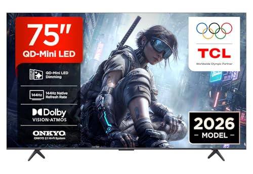 TCL 75T8D QD-Mini LED 75 Zoll Fernseher, 4K Smart TV, Google TV, 144 Hz | FreeSync Premium, Game Master, Dolby Vision, HDR10+, Dolby Atmos, 2.1 Onkyo Sound, Apple AirPlay 2, Google Cast