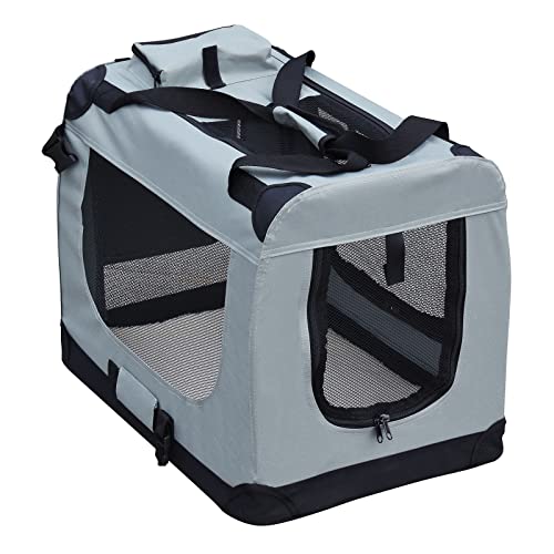Fudajo Faltbare Transportbox für Hunde, Katzen L (70x52x50cm), robust, leicht, sicher, Hundebox mit Tragegriff und Decke, Grau