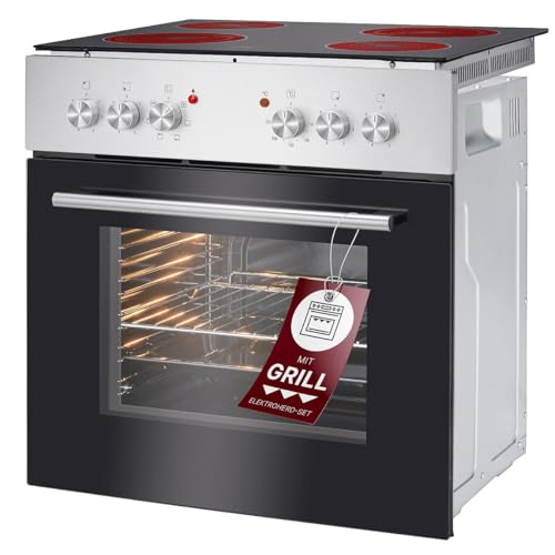 Bomann Backofen mit Ceranfeld | 50°C - 250°C | Grill & Ober-/Unterhitze | 4 Kochfelder | 60cm Kochfeld | Einbaubackofen 61L | Set | Glastür 3-Fach verglast | EHBC 7935 IX, Inox