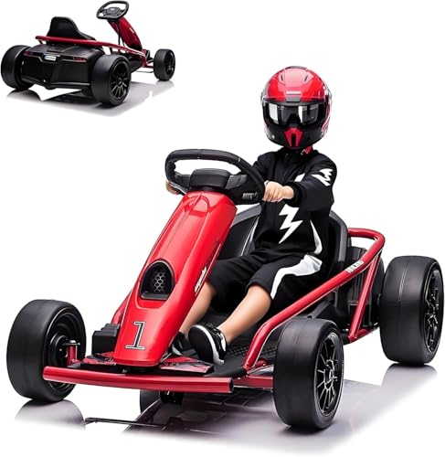 24V Kinder Elektro Gokart – Drift Kart mit 300W 2 Motoren, Drift-Funktion, Verstellbarer Sitz, 8 km/h, Musik, Sanftanlauf, Sicherheitsfunktionen – Outdoor Elektrofahrzeug 6-12 Jahre, Rot