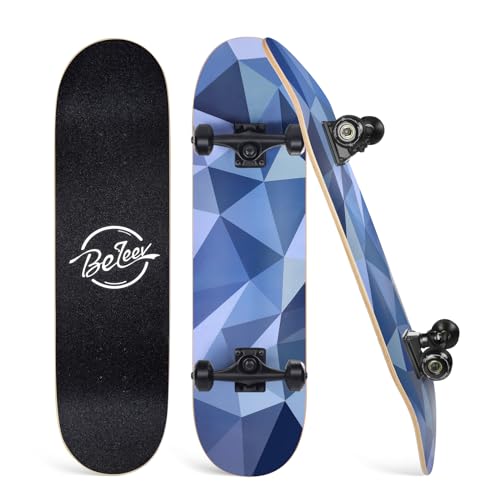 BELEEV Skateboard 31x8 Zoll Komplette Cruiser Skateboard für Kinder Jugendliche Erwachsene, 7-Lagiger Kanadischer Ahorn Double Kick Deck Concave mit All-in-one Skate T-Tool für Anfänger
