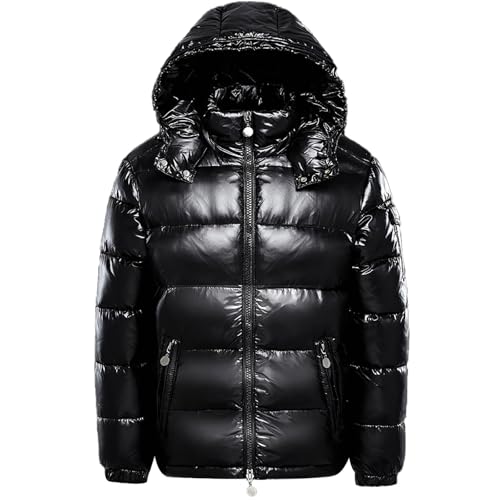 duzhengzhou Winterkapuzenjacke, warm, mittleres Gewicht, Metallic-Daunenjacke, Reißverschluss, Steppung, glänzender Puffermantel, Schwarz, S(M)