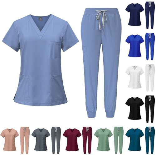 LUNULE Medizinische Arbeitskleidung Damen Herren Krankenschwester Set Waschbar Unisex Uniform Krankenhaus Kurzarm Oberteil Mit Hose Schlupfkasack Für Altenpflege Krankenpflege