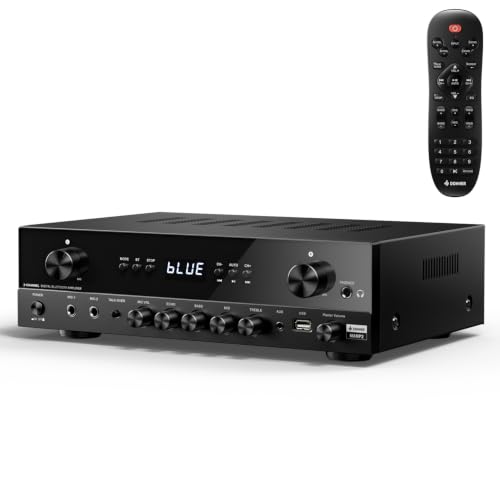 Donner Stereo Verstärker, 600 W Peak, 2-Kanal-Receiver mit Bluetooth 5.3, Phono, Optisch, Koaxial, USB, FM, 2 Mikrofoneingänge, Aux, Cinch-Eingang für Heim-, Karaoke- und Theaterlautsprecher, MAMP2