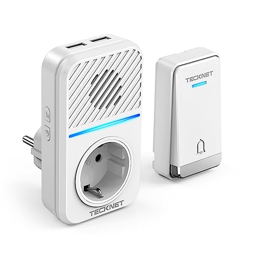 TECKNET Funkklingel Batterielose, Kabellose Türklingel mit EU-Steckdose und USB, IP65 Funkklingel wasserdicht außen haustür Set, 400M Funk Reichweite, 60 Klingeltönen doorbell Mit LED-Blitz