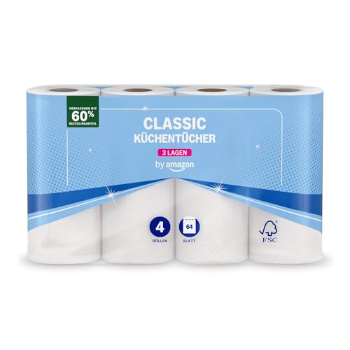 by Amazon Küchenrolle, 3-lagig, 4 Rollen (4 Rollen, 1-er Pack), 64 Blätter pro Rolle, FSC-Zertifiziert