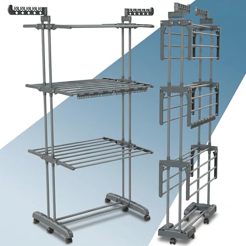 PORTENTUM Wäscheständer Turm klappbar mit 4 Ebenen und 24 Trockenstangen – Bis 40 kg – Wäschetrockner Ständer mit 2 Sockenhaltern – Für Innen- und Außenbereich – Rollen mit Feststellbremse