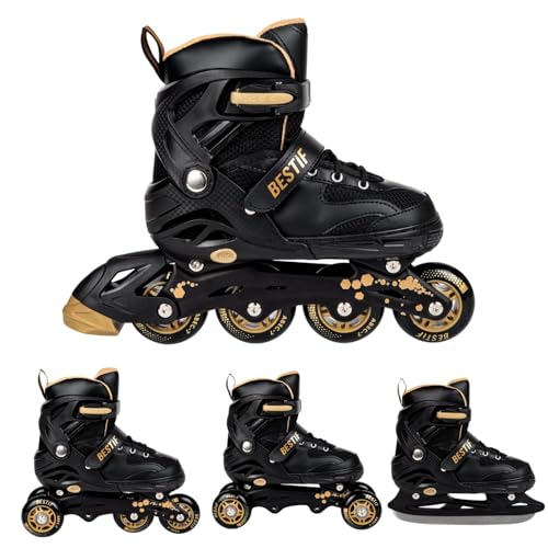 BESTIF Inliner für Kinder und Erwachsene Inline Skates 4in1 Rollschuhe Schlittschuhe Verstellbar (Schwarz-Gold, 38-41)