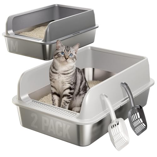 2 Pack Katzenklo Edelstahl Gehege mit Deckel, große Katzentoilette aus Edelstahl, Katzenklo Mit Hochwandigem Seitengehäuse, Nicht-Klebrig, Auslaufsicher & Einfach zu Reinigen, nklusive Schaufel, M
