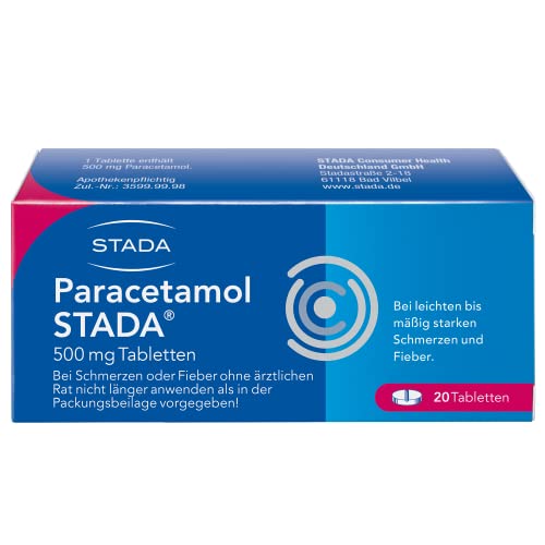 Paracetamol STADA - Arzneimittel bei leichten und mäßig starken Schmerzen und Fieber - bei Kopf-, Glieder-, Zahn- und Regelschmerzen - gut verträglich - 1 x 20 Tabletten