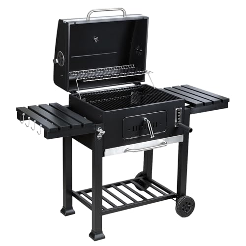 Monucep Holzkohlegrill mit Deckel & Thermometer – Grillwagen mit verstellbarer Kohlewanne, 2 klappbaren Ablagen & Warmhalterost – Ideal für Garten, Terrasse & entspannte BBQ Abende