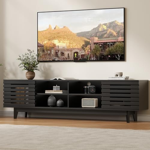 Gyfimoie Schwarzer TV Schrank mit Verstellbarer Ablage, Lowboard mit 2 Schiebetüren und 6 offenen Regalen, für Fernseher bis 70, für Wohnzimmer, Esszimmer, Schlafzimmer, 165x38x45 cm