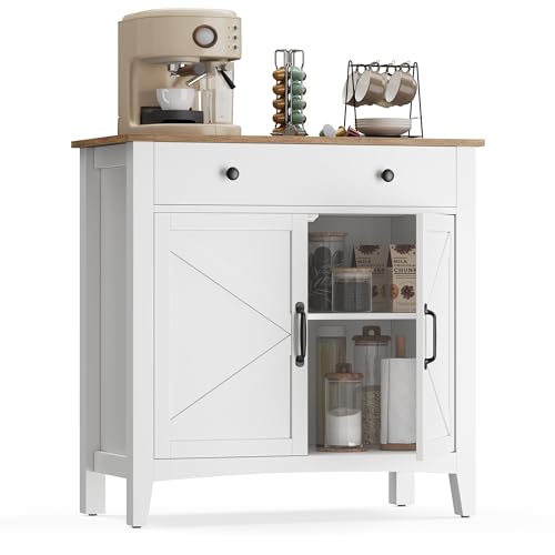 VASAGLE Küchenschrank, Sideboard mit Schubladen, Aufbewahrungsschrank mit Türen, verstellbare Ablage, Landhausstil, für Wohnzimmer Küche, 40 x 80 x 80 cm, wolkenweiß-honigbraun BBK341W02