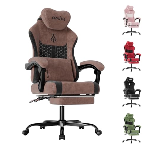 SUKIDA Gaming Stuhl, Ergonomischer Schreibtischstuhl mit Fußstütze Kopfstütze und Lendenkissen, Schreibtischstuhl mit Stoffoberfläche Hochwertiger - Stoff, braun