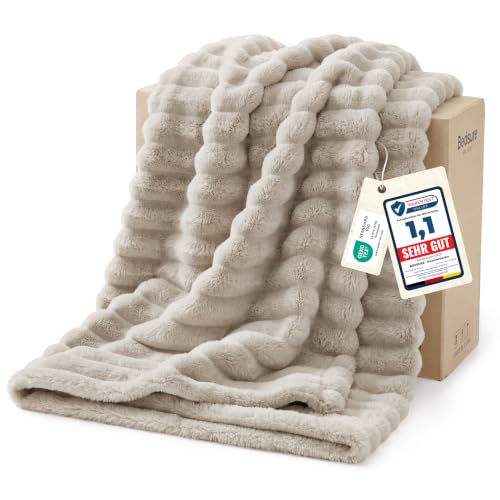 BEDSURE Kuscheldecke für Zimmer Deko - Wolldecke & Fleecedecke, Sofadecke, Weiche Warme Grobe Korddecke Gemütlicher Überwurf für Couch, Geschenke für Frauen, Tagesdecke, Beige, 130 x 170 cm