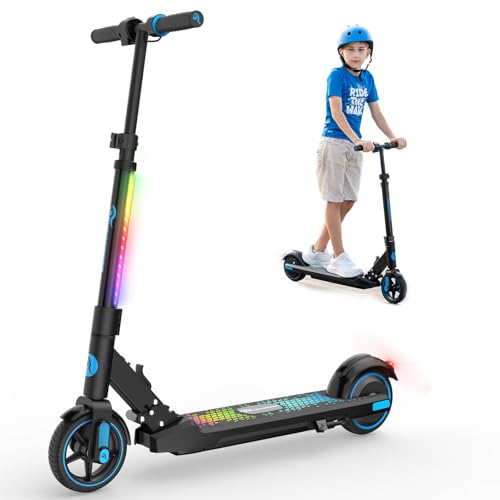 EVERCROSS EV06C Elektroscooter, 6,5'' Faltbarer E Scooter für Kinder 6-12 Jahren, 150 W Motor & 3 Gänge & 2600 mAh & 76-96cm Höhe, LED Display, Bunte Leuchten, Leichter Elektroroller Kinder Blau