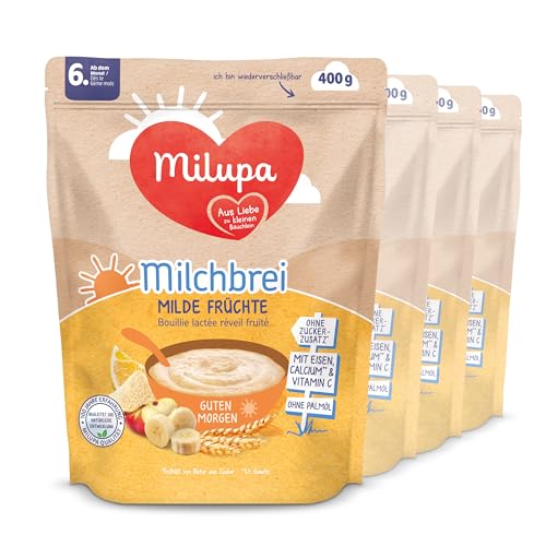 Milupa Milchbrei Milde Früchte – Babybrei ohne Palmöl – Frei von Konservierungs- und Farbstoffen – Ab dem 6. Monat – 4 x 400 g