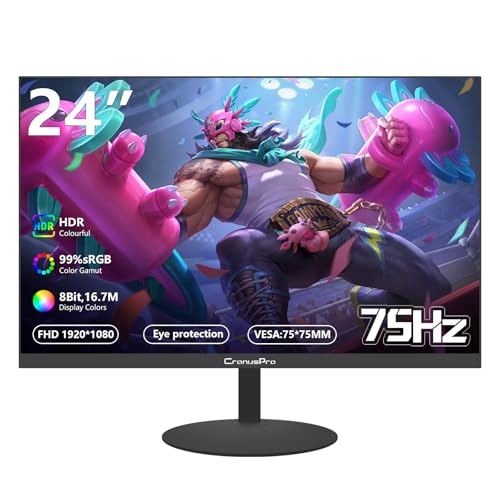 CronusPro 24 Zoll Monitor Full HD (1920x1080) IPS Panel, 3 ms Reaktionszeit, 75 Hz, HDMI/VGA Anschluss, AMD FreeSync, HDR10, sRGB 99%, Anti-Blaulicht, Flachbildschirm Monitor für PC Büro Schwarz