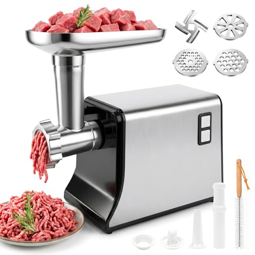 Fleischwolf Elektrisch, 3 in 1 Hocheffizienter Fleischwolf für Hausgebrauch mit Wurstfüllrohren und Kubbe Set, 3 Edelstahl-Schleifplatten(7MM/5MM/3MM)