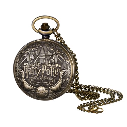 JewelryWe Vintage Schloss Taschenuhr mit Kette: Steampunk Zauberschloss Burg Analog Quarz Kettenuhr Antik Bronze Römische Ziffern Uhr Anhänger Halskette Gothic Schmuck für Unisex Herren Damen