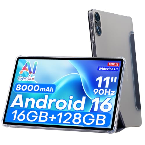 TECLAST P50T Tablet 11 Zoll mit Hülle, Android 16 mit Gemini AI, 8000mAh Akku Gaming Tablet, Unisoc T7250, Widevine L1, 16GB RAM+128GB ROM(4TB TF), 5G WLAN/GPS/OTG Tablet-PC, inkl. Pen