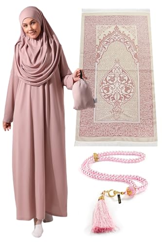 ihvan online, Muslim-Kleider für Frauen, One Piece Langarm Hijab Abaya in voller Länge islamisches Gebet Dress, Gebetskleidung für frauen,Gebetsteppich, Gebetskette, Rose Dry, Standart (XS-XXL)