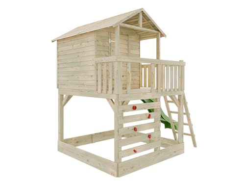 Stelzenhaus Noah Grün 201x216 cm Stelzenhaus mit Rutsche, Kletterwand und Sandkasten, Kesseldruckimprägniertes Kiefernholz, Inklusive Wellenrutsche, Leiter, Überdachte Veranda, Vormontierte Element...