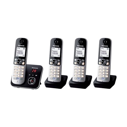 Panasonic KX-TG6824GB DECT Schnurlostelefon mit Anrufbeantworter (Telefon mit 4 Mobilteilen, strahlungsarm, Eco-Modus, GAP Telefon, Festnetz) schwarz