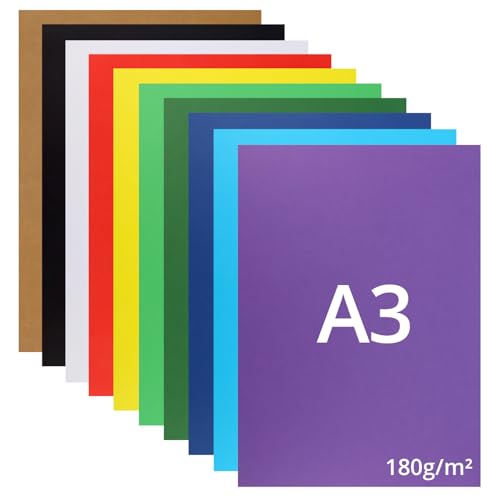 QWORK® 50 Stück A3 Tonkarton 180gsm, 10 Farben, Buntes Fotokarton Set Zum Basteln & Drucken
