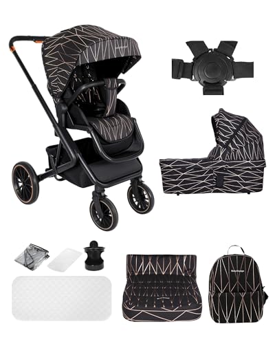 BabyVoyage 2 in 1 Kinderwagen 0-48 Monate, Buggy mit Zwei Umkehrbaren Schiebemodi, Rahmen Aluminiumlegierung, Vollfederung, 5 Punkt Sicherheitsgurt, Zusammenklappbargleiten Kinderwagen-Schwarz-Gold
